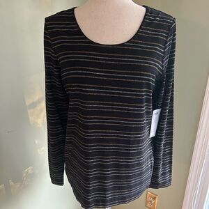 NWT Chico’s Touch of Cool lurex striped long sleeve tee. Black w/gold/silver 8